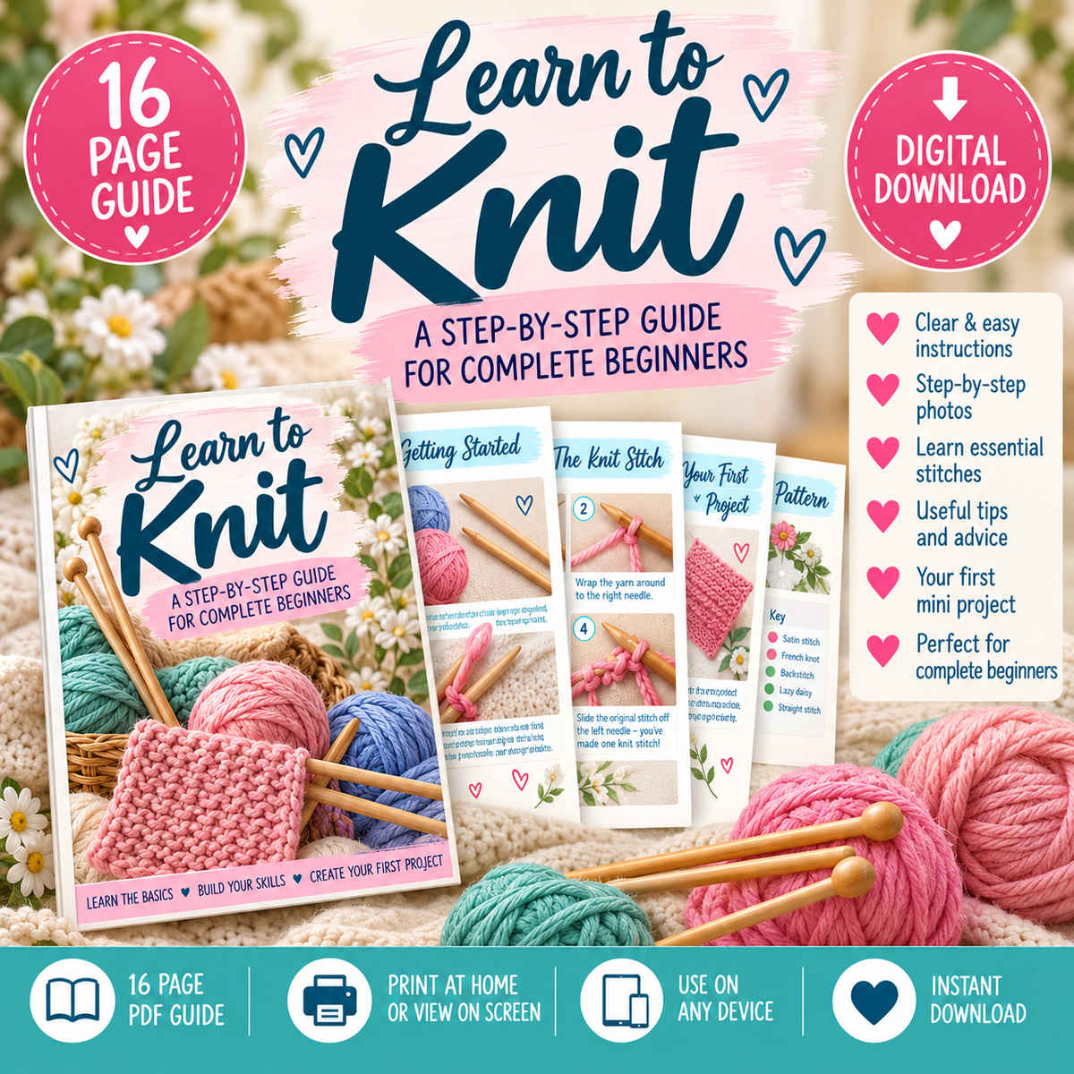 Learn to Knit Beginner Guide PDF | 16-Page Step-by-Step Knitting Guide