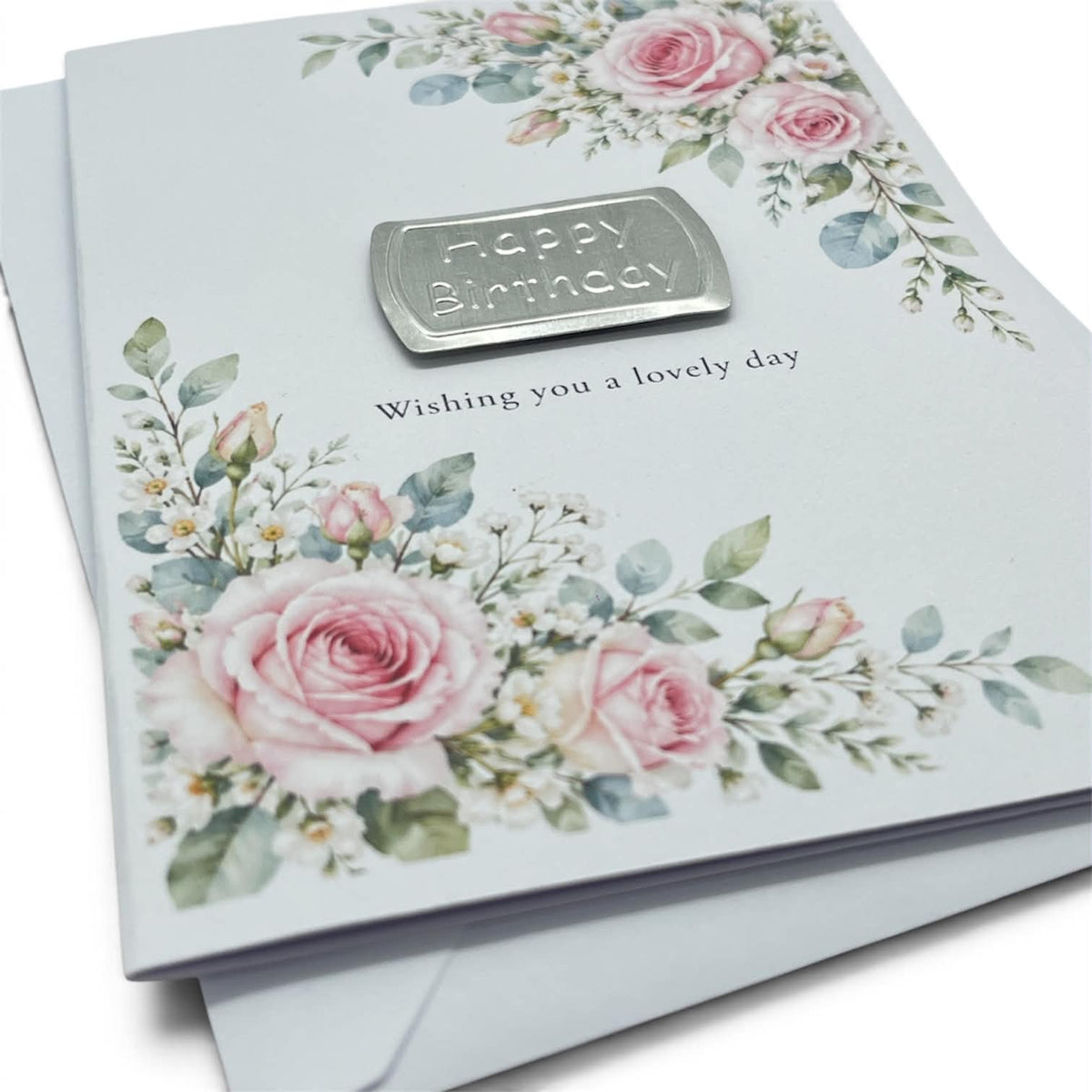 Pink Rose Birthday Card – Silver Metal Topper – Single or Multipack