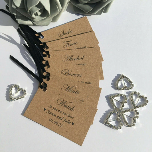 6 x Personalised groom survival kit tags image 1