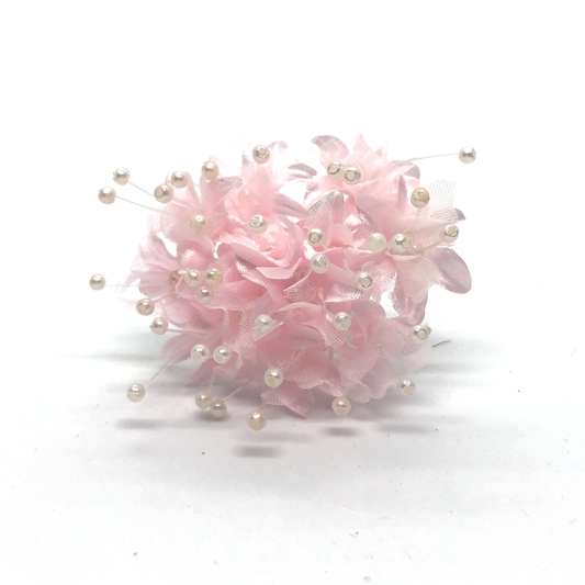 12 x Pink fabric and pearl flowers image 0