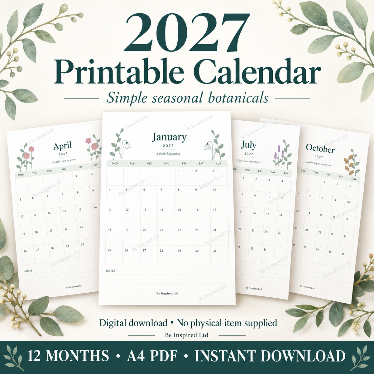 2027 Printable A4 Botanical  Calendar