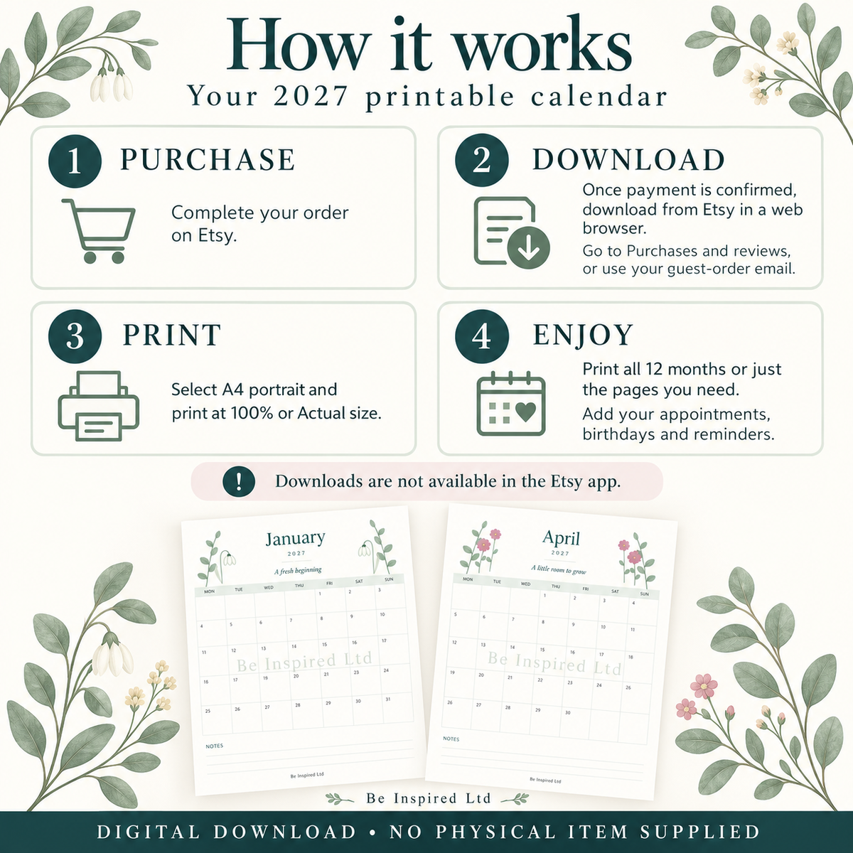2027 Printable A4 Botanical  Calendar