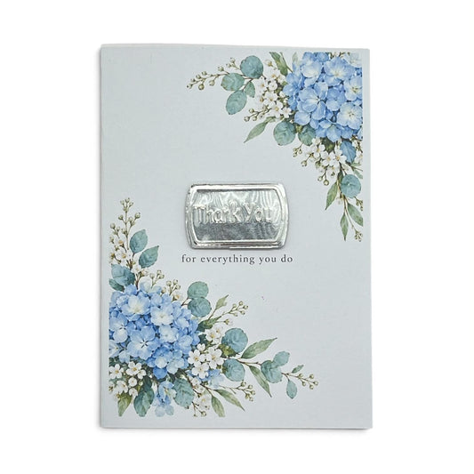 Blue Hydrangea Thank You Card – Silver Metal Topper – Single or Multipack
