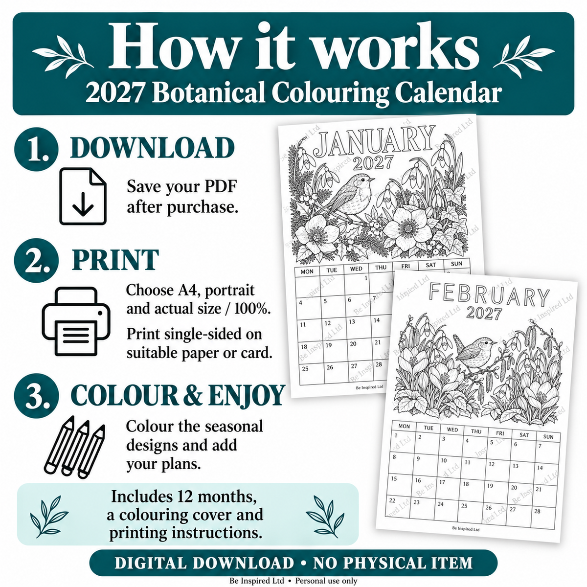 2027 Adult Botanical Colouring Calendar – A4 Printable PDF