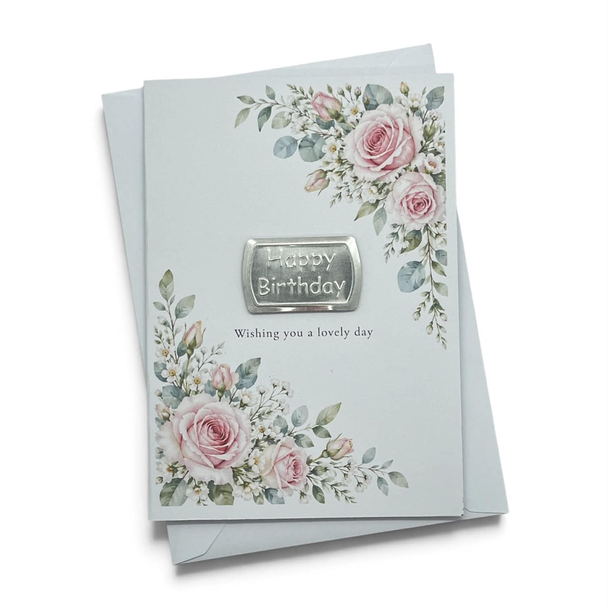 Pink Rose Birthday Card – Silver Metal Topper – Single or Multipack