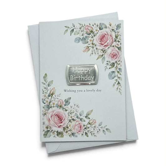 Pink Rose Birthday Card – Silver Metal Topper – Single or Multipack
