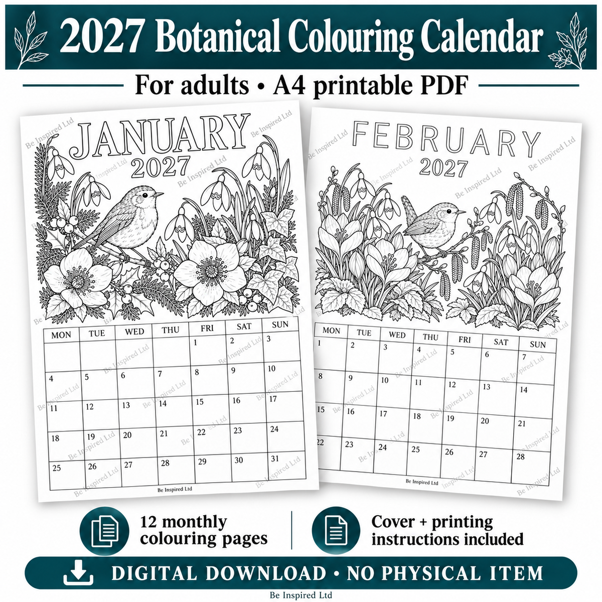 2027 Adult Botanical Colouring Calendar – A4 Printable PDF