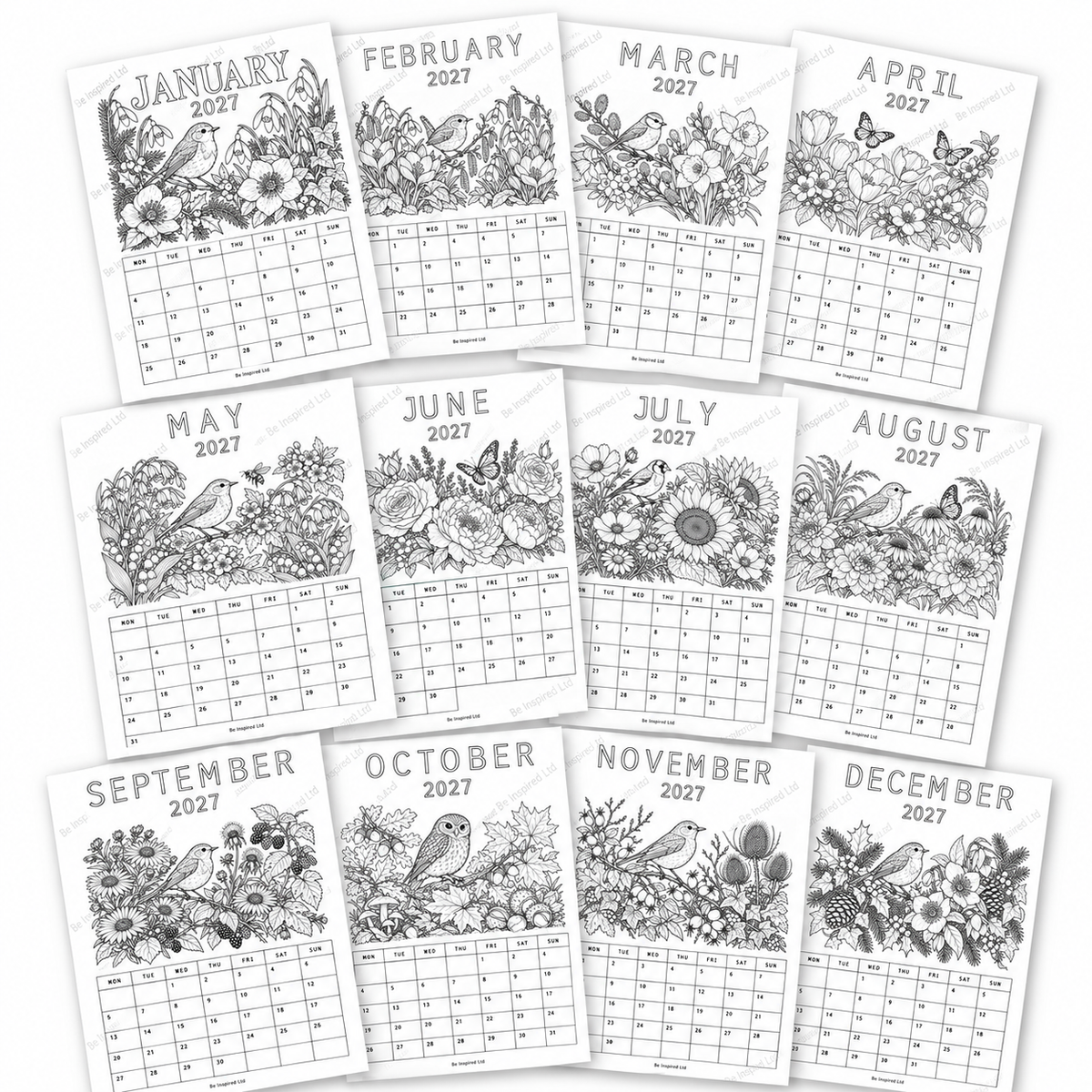 2027 Adult Botanical Colouring Calendar – A4 Printable PDF