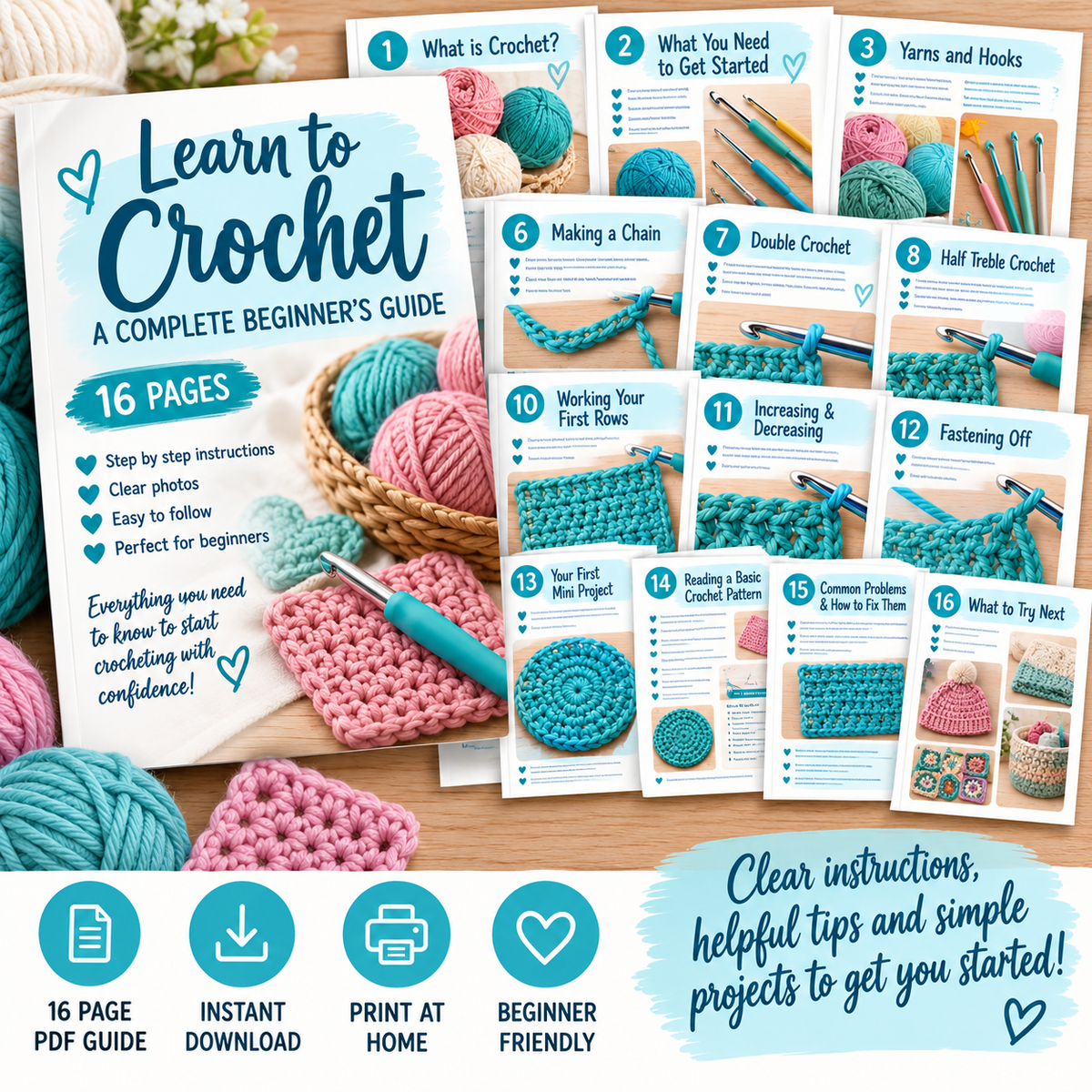 Learn to Crochet Beginner Guide PDF | 16-Page Step-by-Step Crochet Guide