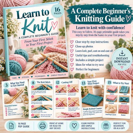 Learn to Knit Beginner Guide PDF | 16-Page Step-by-Step Knitting Guide