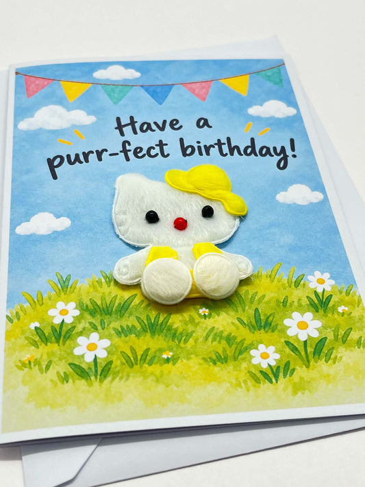 Purr-fect Birthday Cat Card – Fabric Embellishment – Single or Multipack