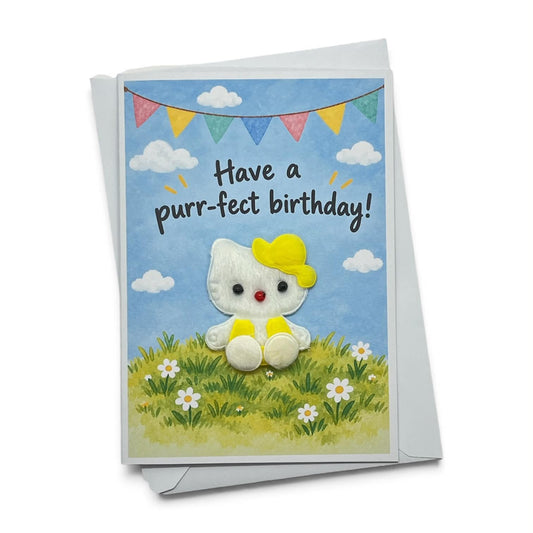 Purr-fect Birthday Cat Card – Fabric Embellishment – Single or Multipack