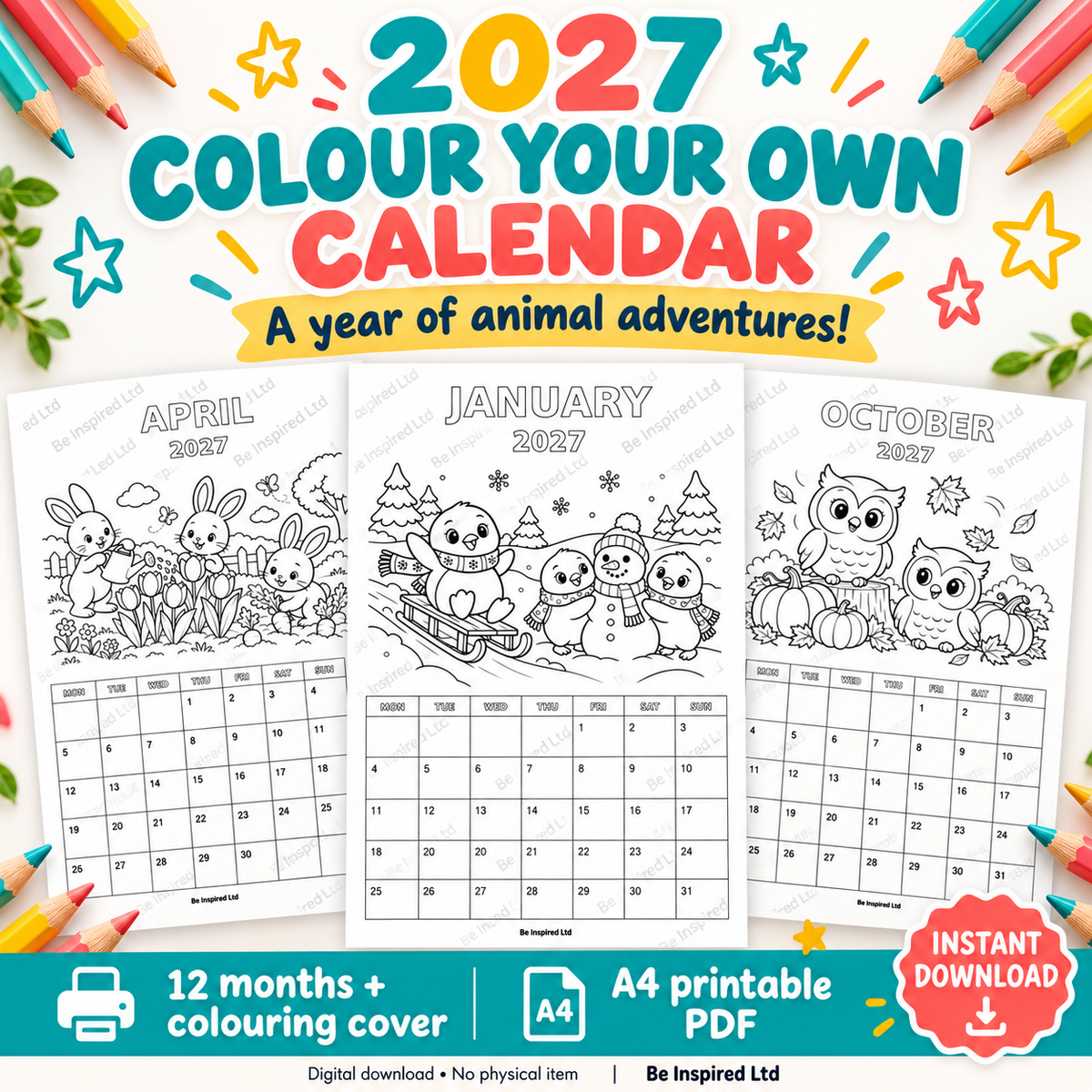 2027 Colour Your Own Calendar for Kids (digital download)