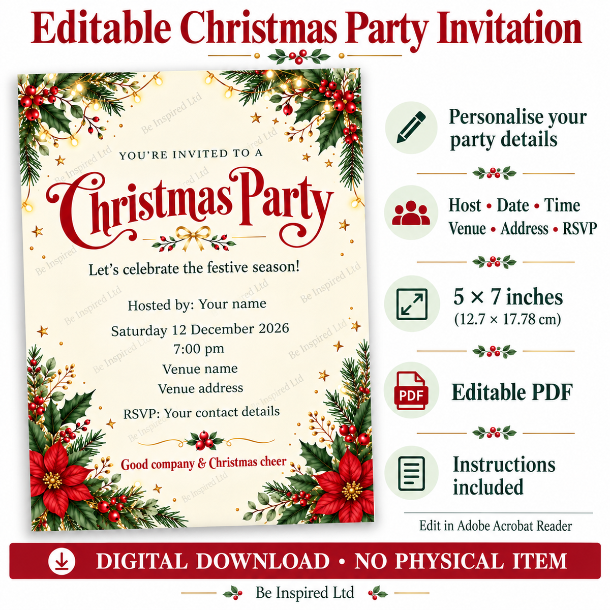Editable Christmas Party Invitation – Holly & Fairy Lights, 5 × 7 Printable PDF