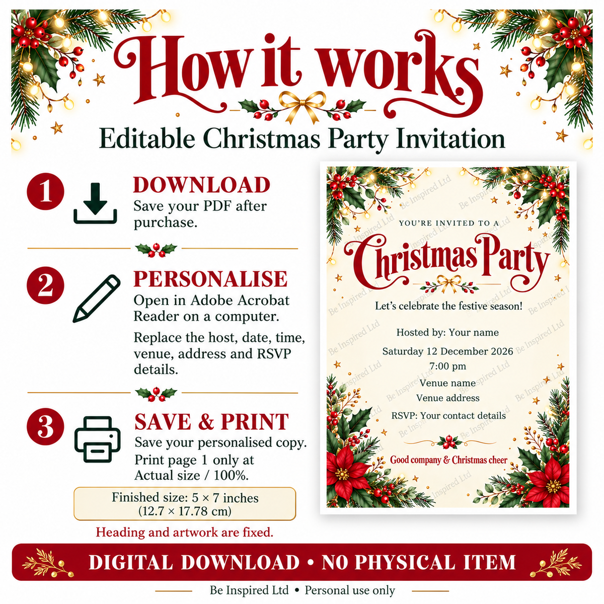 Editable Christmas Party Invitation – Holly & Fairy Lights, 5 × 7 Printable PDF