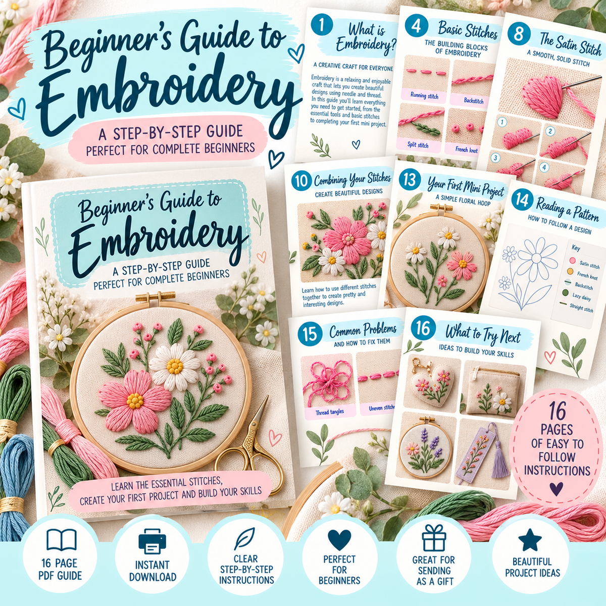 Learn Embroidery Beginner Guide PDF | 16-Page Step-by-Step Embroidery Guide