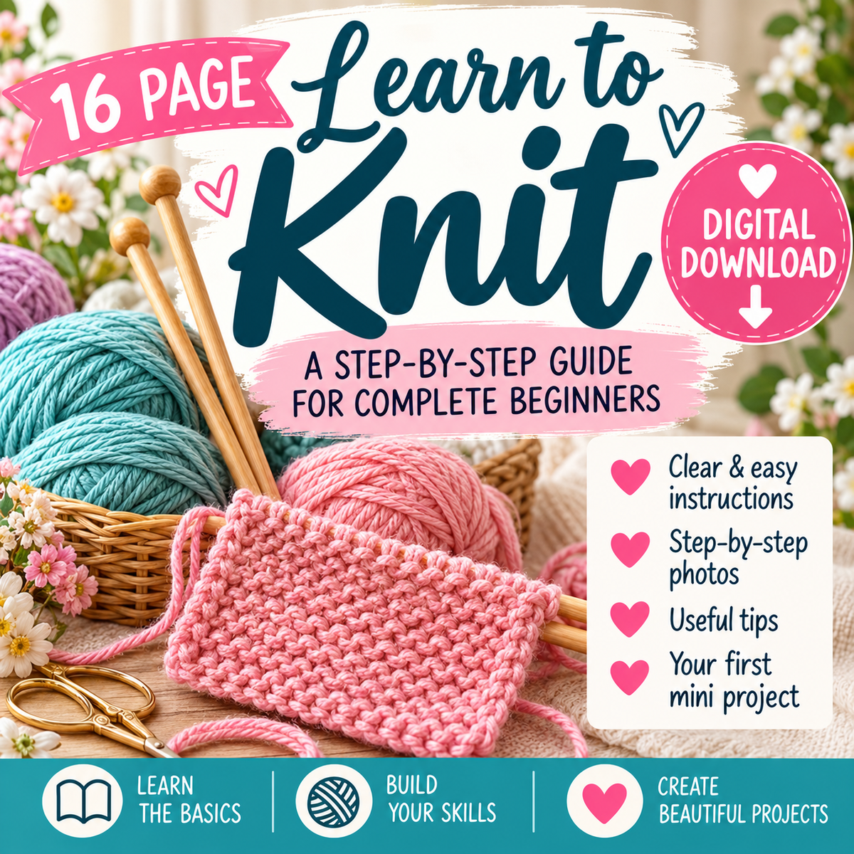 Learn to Knit Beginner Guide PDF | 16-Page Step-by-Step Knitting Guide