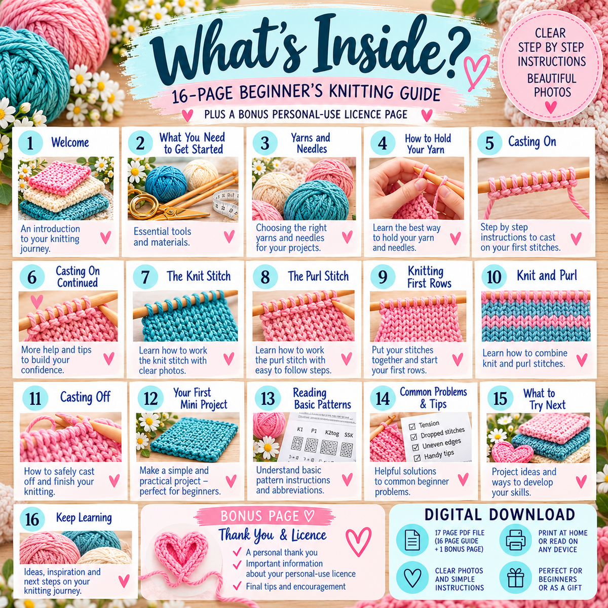 Learn to Knit Beginner Guide PDF | 16-Page Step-by-Step Knitting Guide