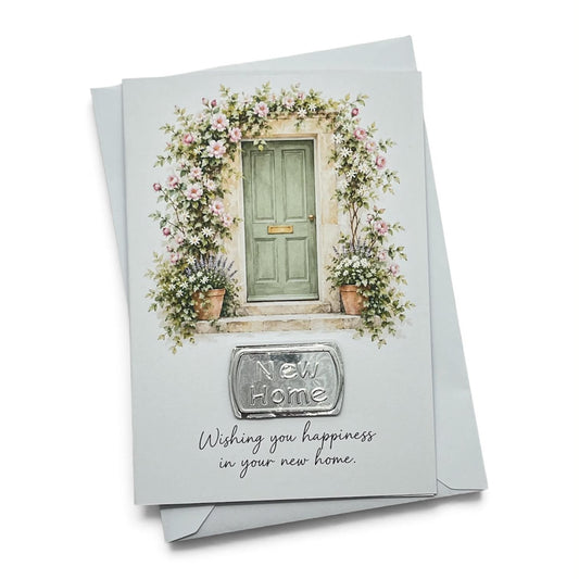 New Home Card – Sage Green Door with Silver Metal Topper