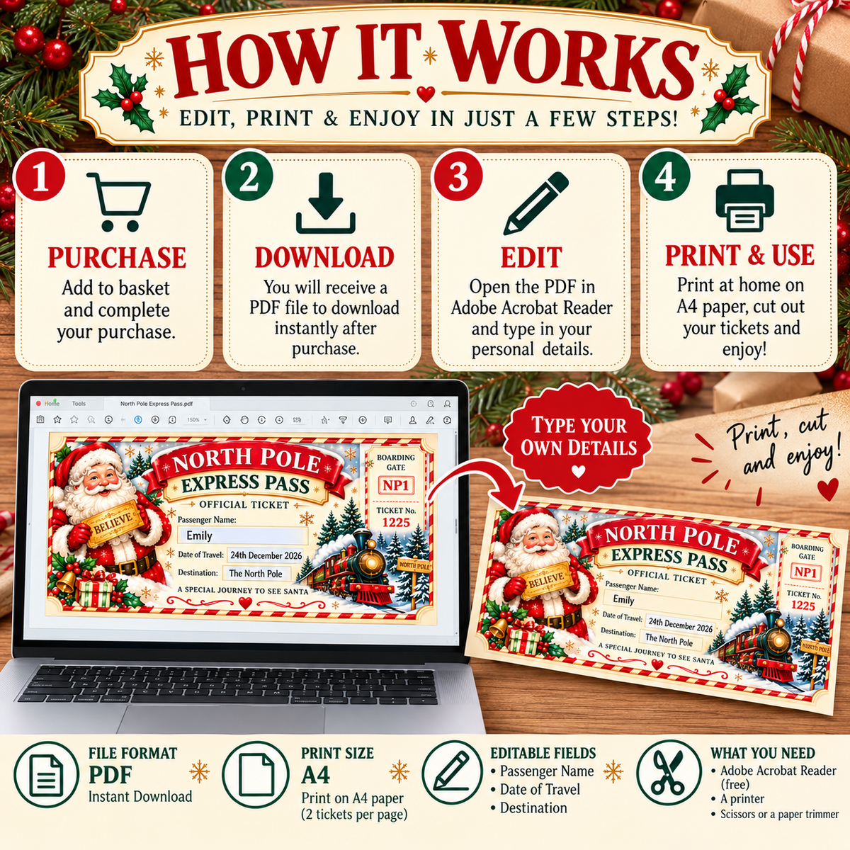 Editable North Pole Express Pass (digital download)