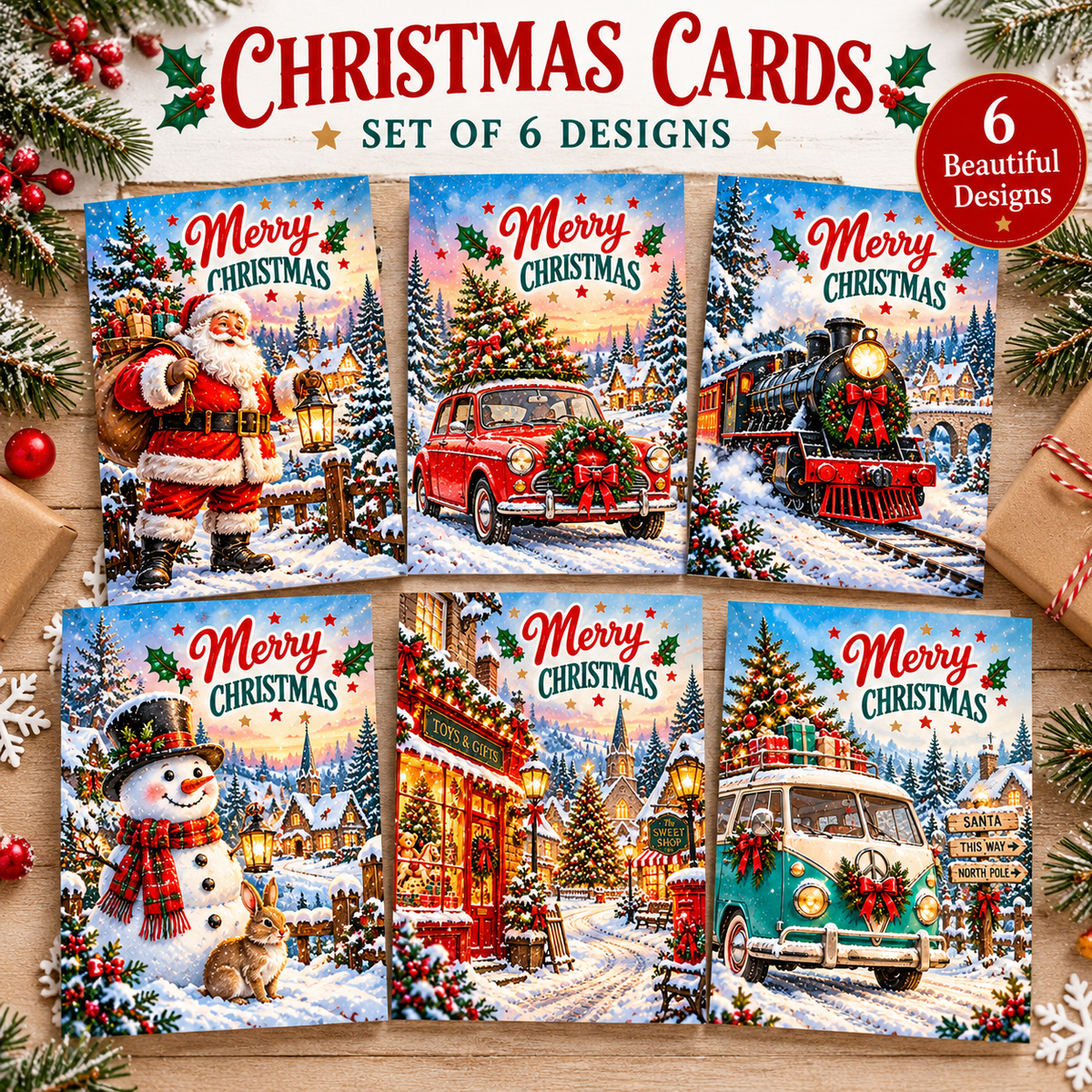 Set of 6 Retro Christmas Cards – A6 Vintage Style Festive Cards with Envelopes