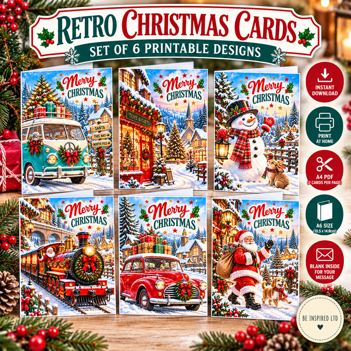 Printable Retro Christmas Cards – Set of 6 A6 Vintage Style Cards | PDF Download
