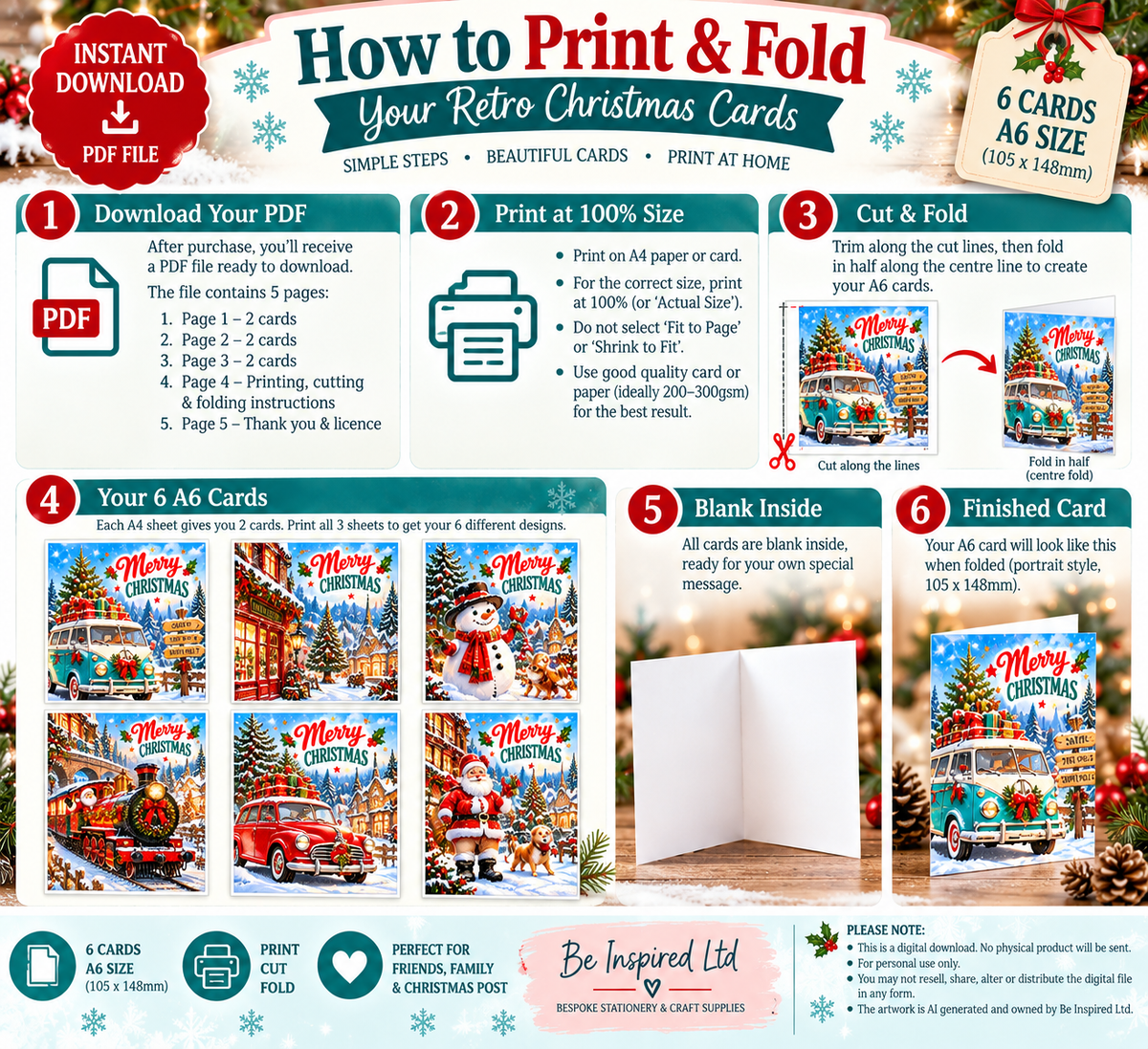 Printable Retro Christmas Cards – Set of 6 A6 Vintage Style Cards | PDF Download