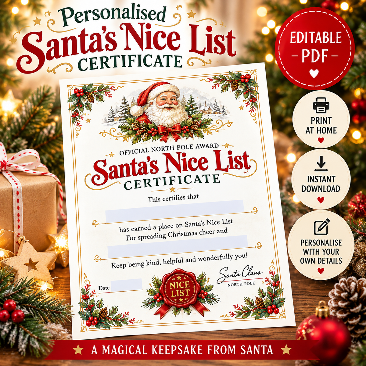 Editable Santa's nice list certificate (digital download)