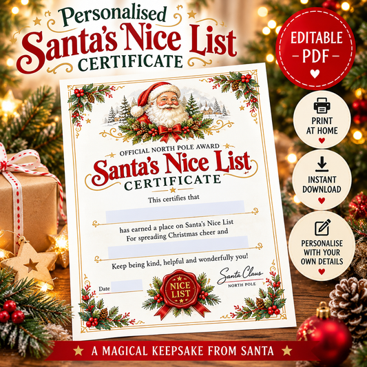 Editable Santa's nice list certificate (digital download)