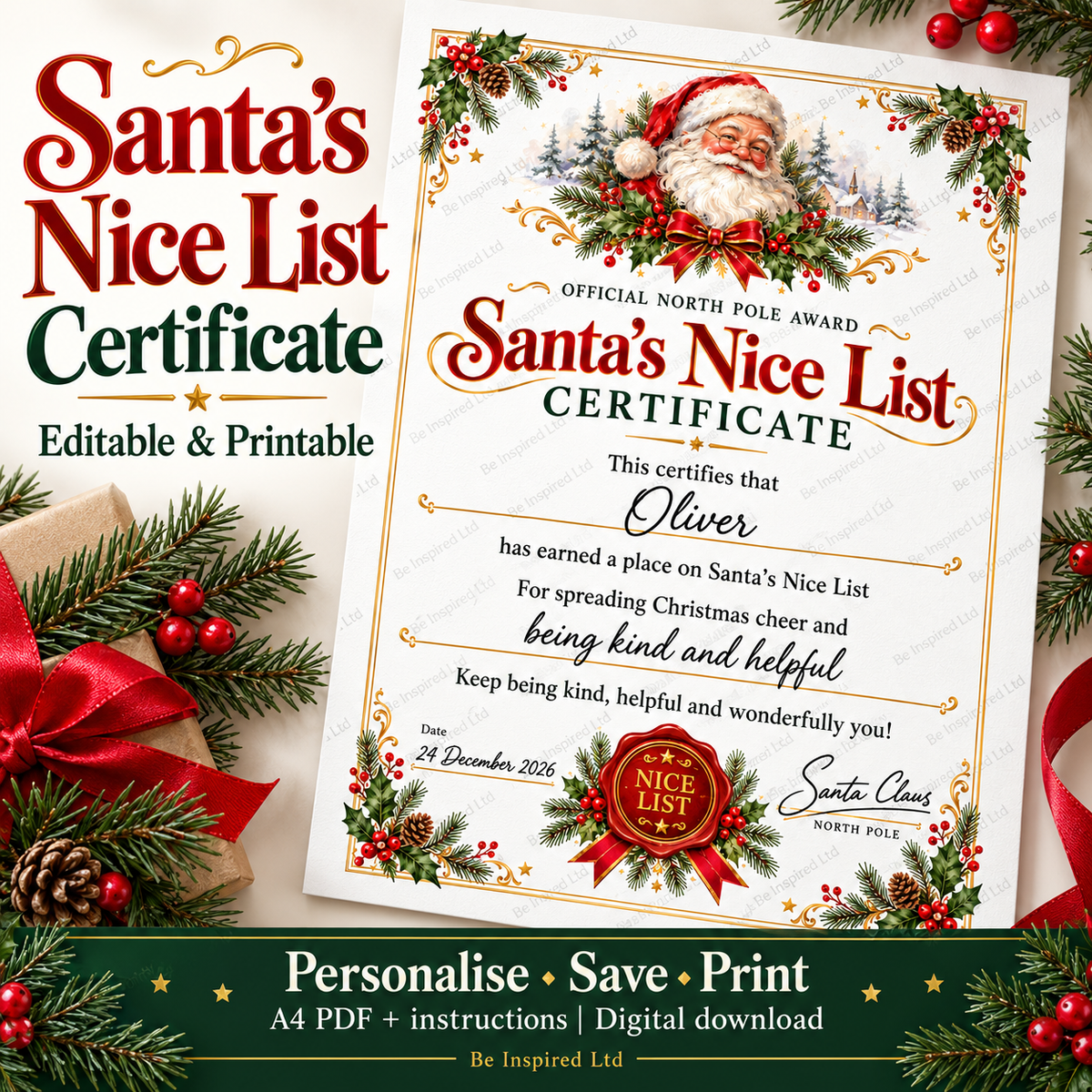 Editable Santa's nice list certificate (digital download)