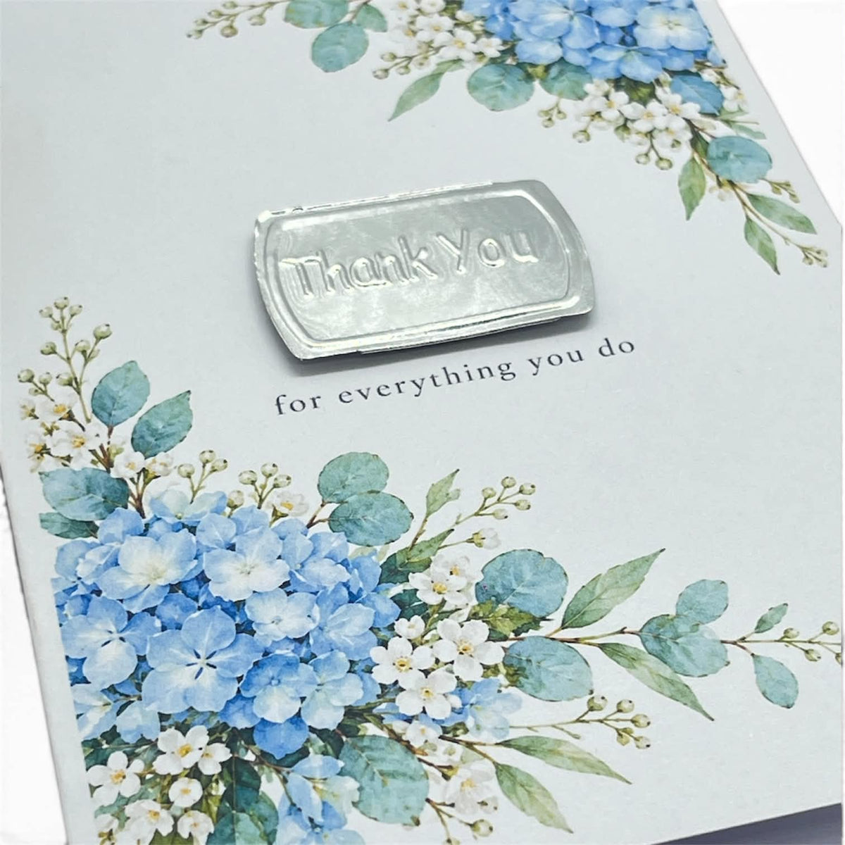 Blue Hydrangea Thank You Card – Silver Metal Topper – Single or Multipack